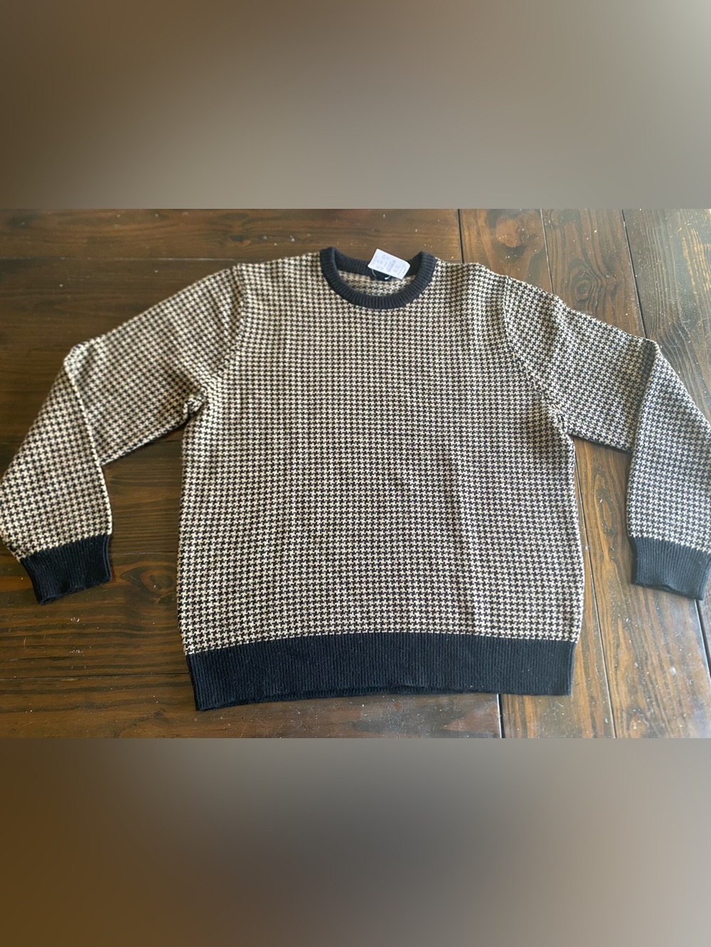 J.Crew Lambs Wool Houndstooth Pullover Sweater Black Beige Men’s XL